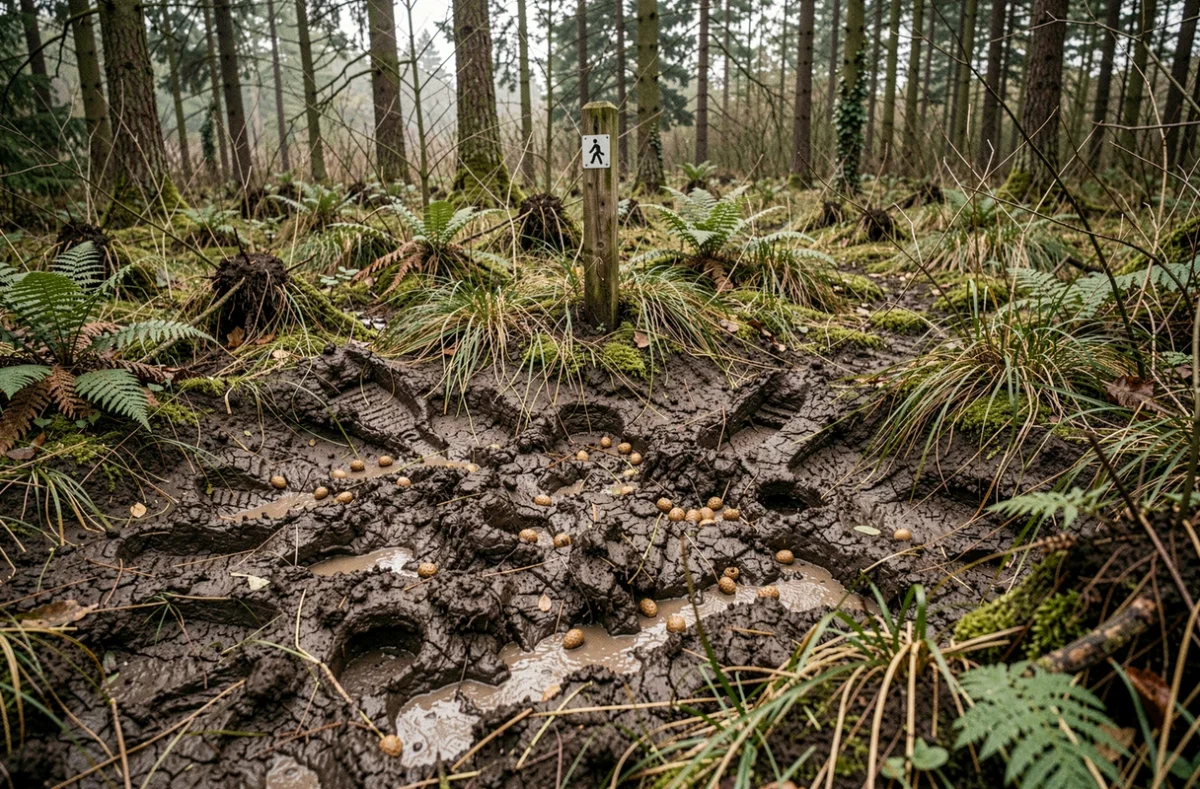 Zone de frottage et de fouissage de sangliers en forêt avec empreintes et crottes visibles dans la boue